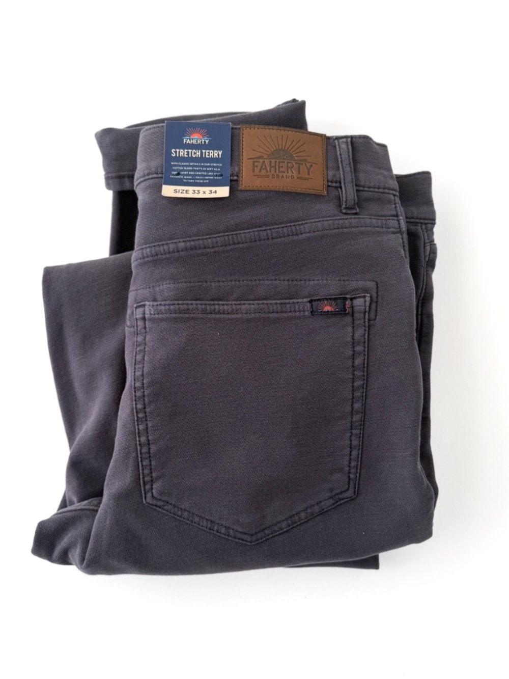 New Faherty Stretch Terry Five Pocket Pants Athletic Mens 33x34 New Blue Gray - Picture 13 of 13
